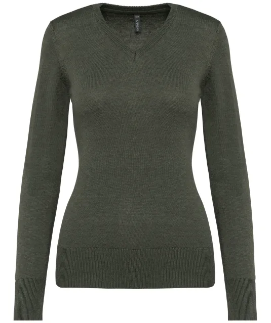 K966 - Dames pullover met v-hals Green Marble Heather