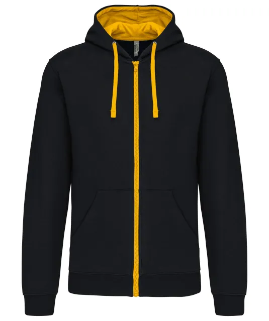 K466 - Herensweater met rits en capuchon in contrasterende kleur Black / Yellow