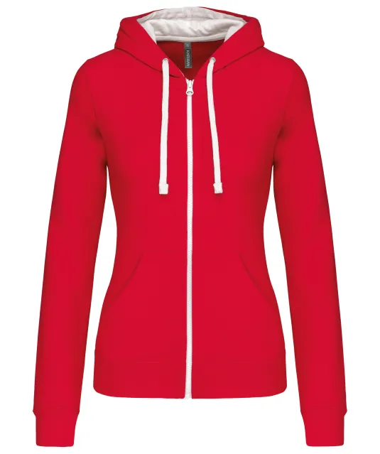 K467 - Damessweater met rits en capuchon in contrasterende kleur Red / White
