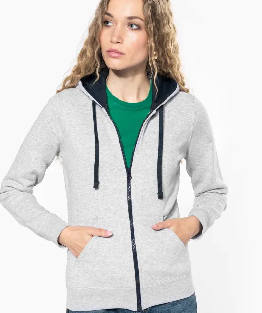 K467 - Damessweater met rits en capuchon in contrasterende kleur Black / Fine Grey