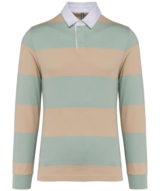 K285 - Gestreepte uniseks polo lange mouwen Sage / Light Sand Stripes