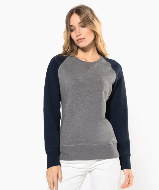 K492 - Tweekleurige damessweater French Terry BIO ronde hals raglanmouwen French Navy Heather / Grey Heather