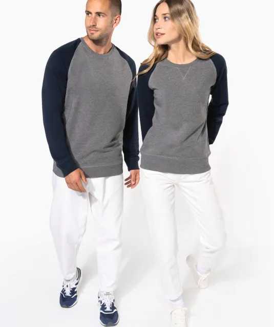 K492 - Tweekleurige damessweater French Terry BIO ronde hals raglanmouwen French Navy Heather / Grey Heather
