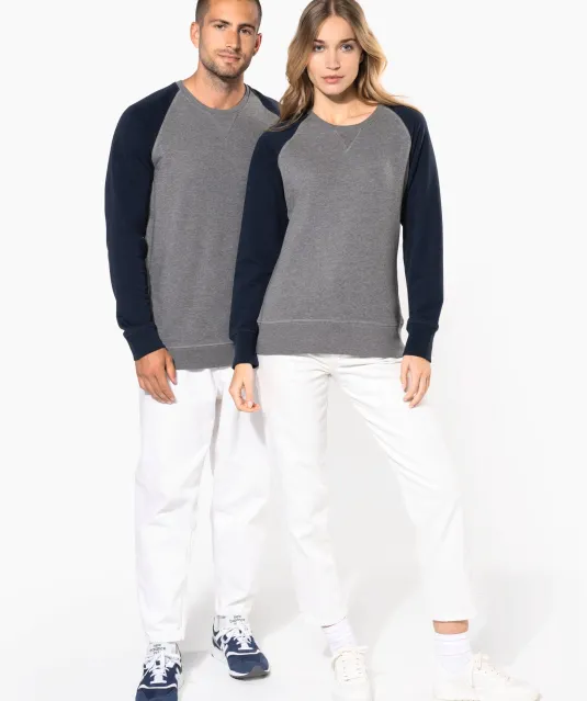 K492 - Tweekleurige damessweater French Terry BIO ronde hals raglanmouwen French Navy Heather / Grey Heather