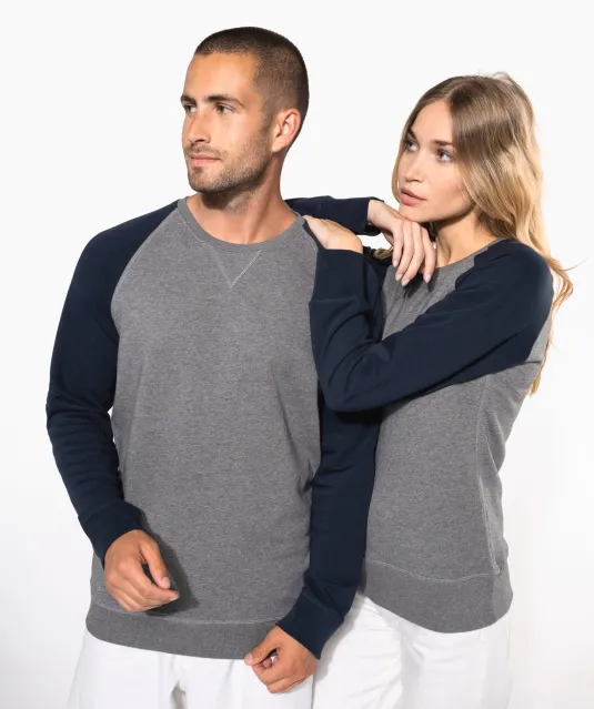 K492 - Tweekleurige damessweater French Terry BIO ronde hals raglanmouwen French Navy Heather / Grey Heather