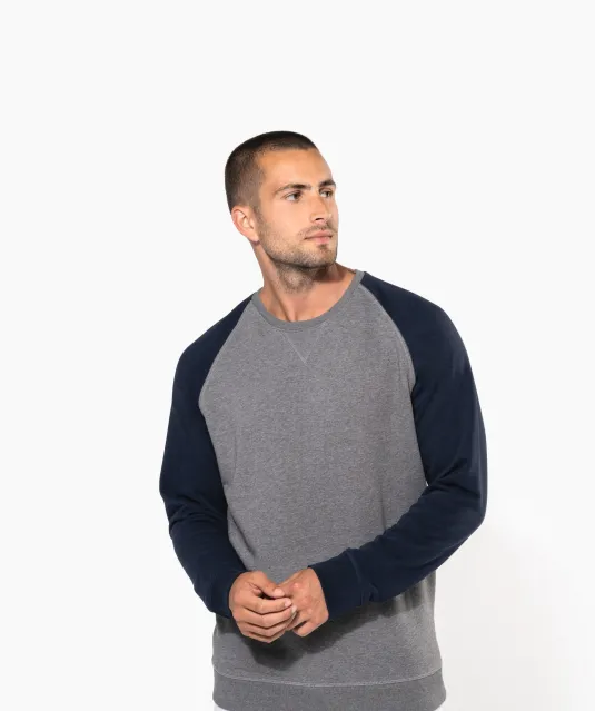 K491 - Tweekleurige herensweater BIO French Terry ronde hals raglanmouwen French Navy Heather / Grey Heather
