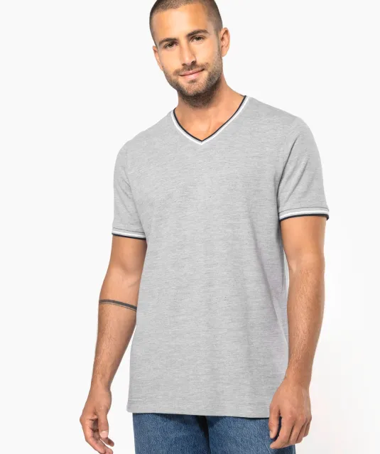 K374 - Heren-t-shirt piqué V-hals Navy / Light Grey / White
