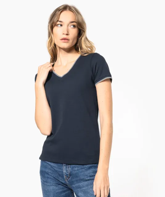 K394 - Dames-t-shirt piqué V-hals Navy / Light Grey / White