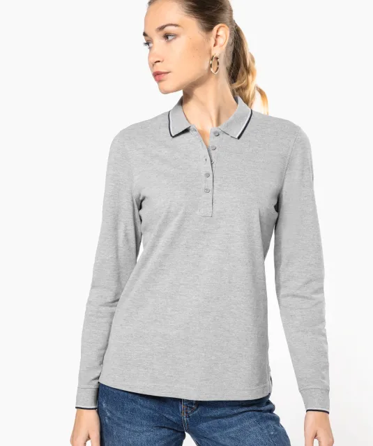 K281 - Dames polo van piquétricot met lange mouwen Black / Light Grey / White