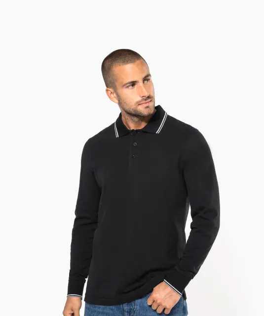 K280 - Heren polo van piquétricot met lange mouwen Black / Light Grey / White