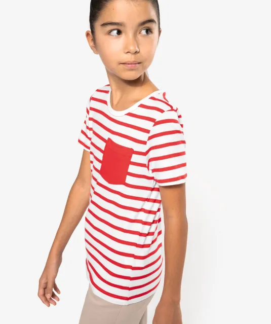 K379 - Gestreept T-shirt met zak en korte mouwen kids White / Navy Stripes
