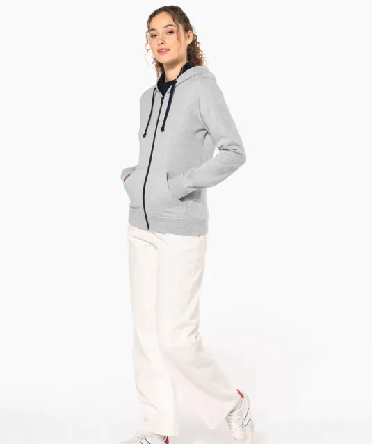 K467 - Damessweater met rits en capuchon in contrasterende kleur Black / Fine Grey