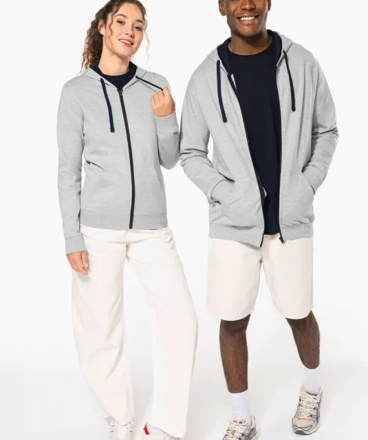 K467 - Damessweater met rits en capuchon in contrasterende kleur Black / Fine Grey
