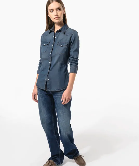 K518 - Dames denim blouse lange mouwen Blue Jean