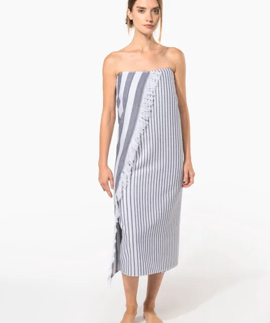 K132 - Gestreepte fouta met franjes White / Smoke Stripe